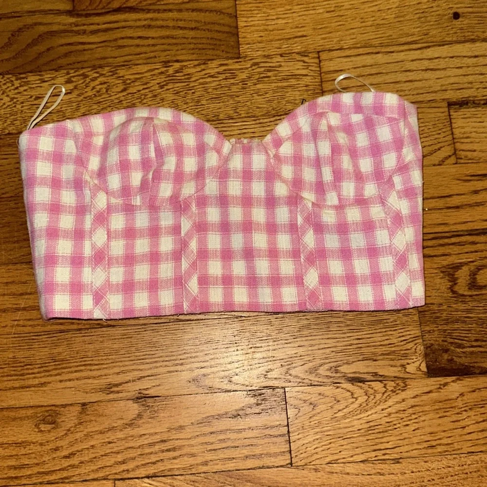 Zara corset cropped bustier cup pink gingham top strapless - Picture 2 of 5